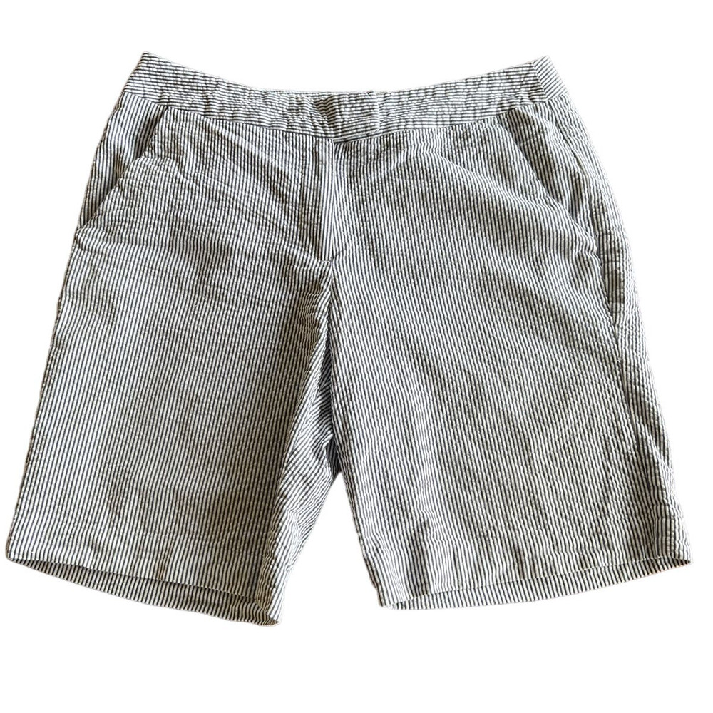 British Khaki Blue and White Seersucker Cotton Bermuda Shorts, Size 8